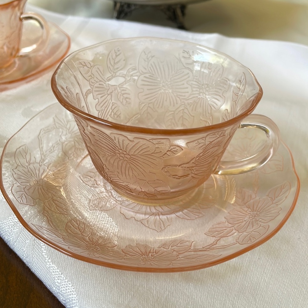 VTG Depression pink glass McBeth-Evans Dogwood tea cup & saucer set